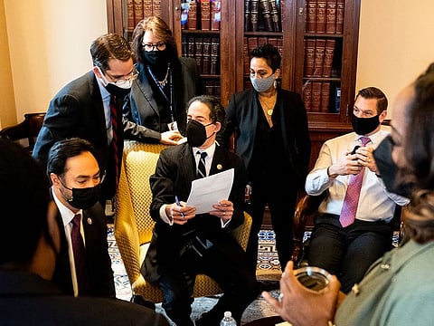Lead House impeachment manager Rep. Jamie Raskin (D-Md.), center, with other impeachment managers and staff at the U.S. Capitol in Washington on Saturday, Feb. 13, 2021, as they prepare for the start of the fifth day of the second Senate impeachment trial of former President Donald Trump.