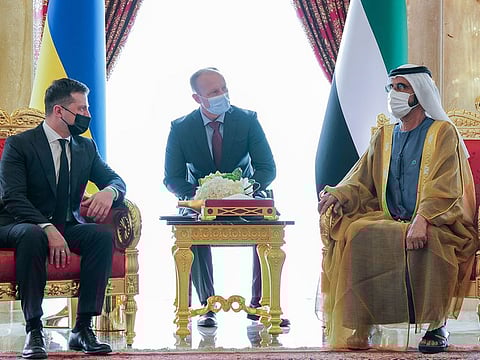 Sheikh Mohammed bin Rashid Al Maktoum with Volodymyr Zelensky, President of Ukraine.