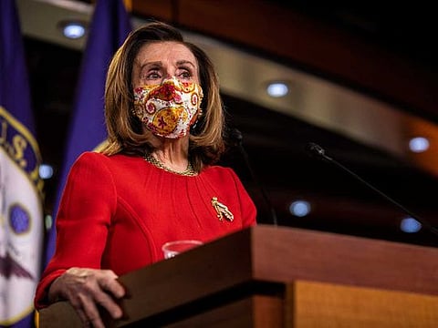 Speaker of the House Nancy Pelosi addresses her weekly news conference at the Capitol, Feb. 11, 2021. Congress will move to establish an independent commission to investigate the attack on the Capitol on Jan. 6.