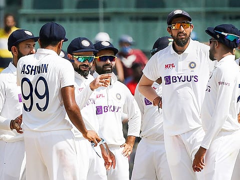 India captain Virat Kohli with teammates during the 4th day of the second Test vs England, at M.A. Chidambaram Stadium, in Chennai. 