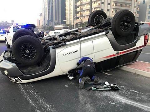 A damaged vehicle after an accident in Dubai on Thursday. 