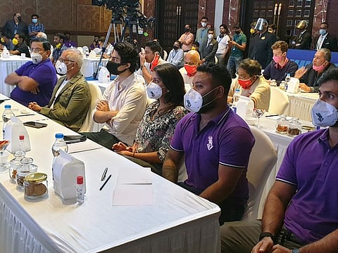 The COVID-19 protocol is in place as representatives of the franchises are seated in different rows in Chennai on Thursday.