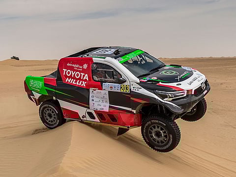 Saudi Arabia’s Yazeed Al Rajhi and long-time British co-driver Michael Orr in action on their Toyota Hilux Overdrive on the first day of the rally.