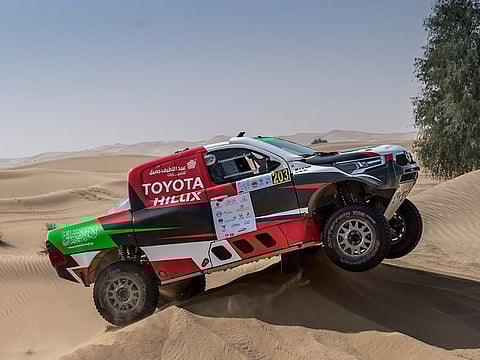 Saudi Arabia’s Yazeed Al Rajhi and his British co-driver Michael Orr on their way to winning the Dubai International Baja on Saturday.