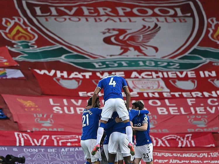 Everton celebrate first win against Liverpool at Anfield this century.