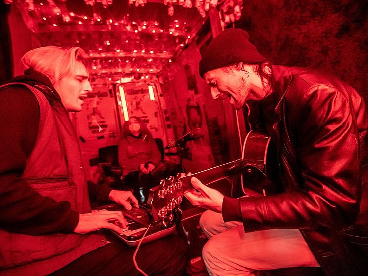 German rock band "Milliarden" (Billions) gives a concert in a van