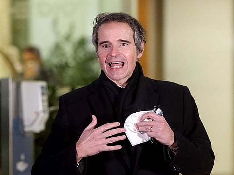 Director General of International Atomic Energy Agency, IAEA, Rafael Mariano Grossi from Argentina, speaks to the media after returning from Iran at the Vienna International Airport, Sunday, Feb. 21, 2021.