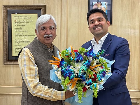 Dr Shamsheer Vayalil (right) with Sunil Arora, the Chief Election Commissioner of India, in New Delhi on Monday.
