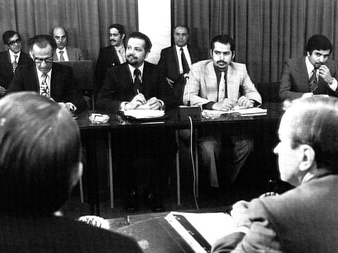 In this October 8, 1973, file photo, oil ministers of six Gulf countries, with Yamani in the centre, and representatives of western nations meet in Vienna, Austria, to negotiate price boosts sought by oil producers. Yamani, a long-serving oil minister in Saudi Arabia who led the kingdom through the 1973 oil crisis, the nationalisation of its state energy company and later found himself kidnapped by the assassin Carlos the Jackal, died Tuesday, February 23, 2021, in London.