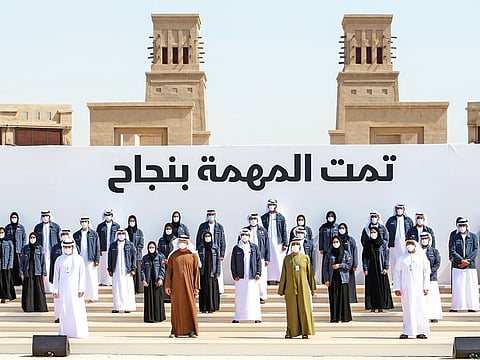 Sheikh Mohammed Bin Rashid, Sheikh Mohamed bin Zayed and other dignitaries and officials at a special reception for the Hope Probe team during the ministerial retreat at Bab Al Shams on Tuesday. 