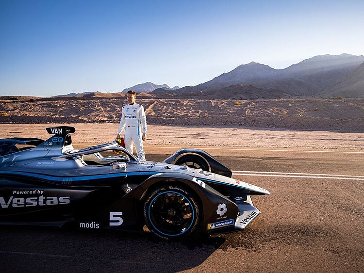 Stoffel Vandoorne with the Mercedes-EQ Formula E Team Silver Arrow all-electric car in Neom