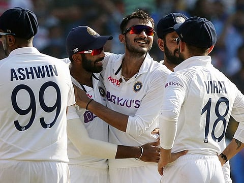 India's Axar Patel celebrates the dismissal of England's Zak Crawley during day one of the 3rd Test vs England at Narendra Modi Stadium, Motera, in Ahmedabad on Thursday. 