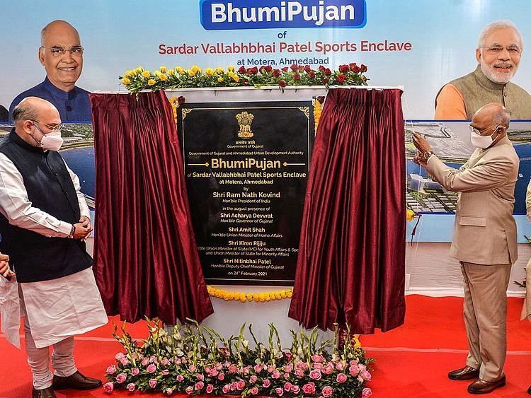 India's President Ram Nath Kovind and Union Home Minister Amit Shah during the 'Bhumi Pujan'  of Sardar Vallabhbhai Patel Sports Enclave at Motera Stadium in Ahmedabad, on Wednesday, February 24, 2021. 