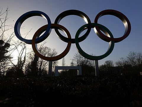The Olympic rings in front of the International Olympic Committee (IOC) headquarters in Lausanne, Switzerland.