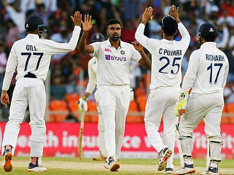 India's Ravichandran Ashwin celebrates the dismissal of an England batsman on the second day of the third Test, at the Narendra Modi Stadium, Motera, in Ahmedabad on February 25, 2021.