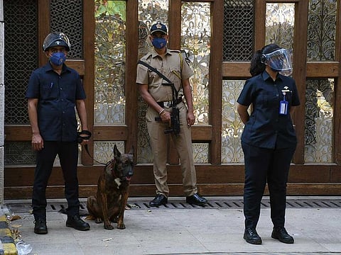 High security outside Antilia at Altamont road after a car laden with gelatin sticks was found abandoned near billionaire Mukesh Ambani's Antilia residence in Mumbai on Friday, February 26, 2021. 