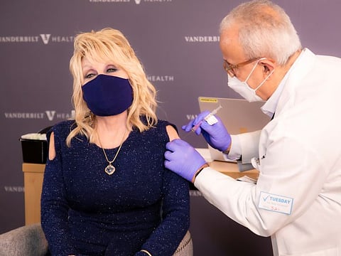 Singer Dolly Parton receives a vaccination against the coronavirus disease at Vanderbilt University Medical Center in Nashville, Tennessee, U.S. March 2, 2021.
