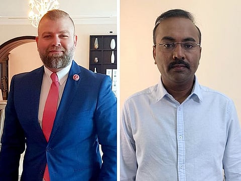 Tarek (left) from Syria and Mohammad from India, the two Dubai-based expatriates who shared the Dh1 million prize purse in Mahzooz draw.