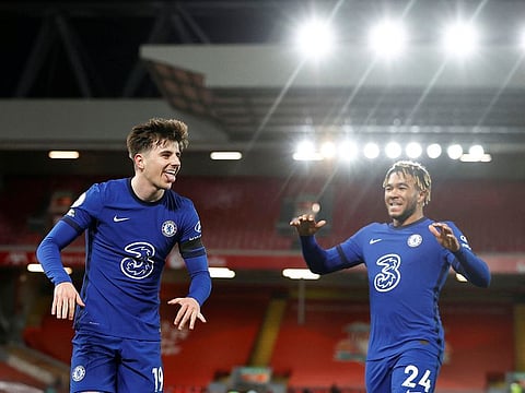Chelsea's Mason Mount celebrates scoring with Reece James.