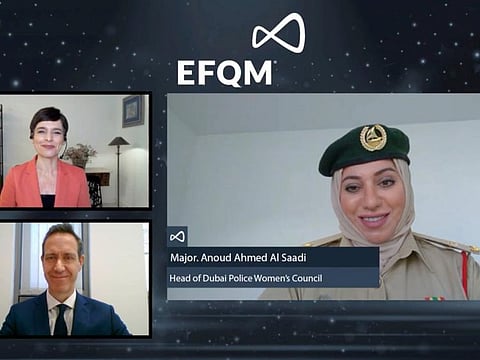 Major Anoud Al Saadi of Dubai Police with EQFM officials in a virtual session.