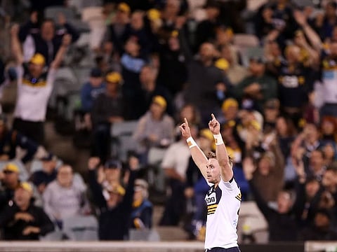 Ryan Lonergan celebrates his winning kick for Brumbies