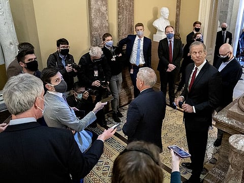 Senator Lindsey Graham, a Republican from South Carolina, speaks to members of the media at the US Capitol in Washington, D.C., on Friday, March 5, 2021. 