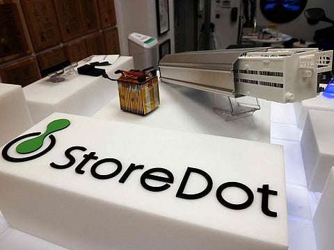 A display promoting fast-charging batteries is pictured at the entrance of the Israeli startup StoreDot's headquarters in the Israeli coastal city of Herziliya.