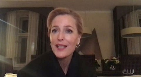 Gillian Anderson accepts the Best Supporting Actress in a Drama Series award for "The Crown" in this screen grab from the 26th Critics' Choice Awards in Santa Monica, California, U.S., March 7, 2021.