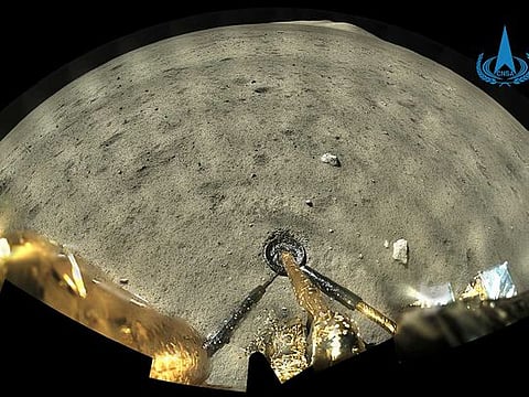 This Dec. 2, 2020 image taken by panoramic camera aboard the lander-ascender combination of Chang'e-5 spacecraft provided by China National Space Administration shows moon's surface 
