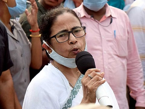 File picture: West Bengal Chief Minister Mamata Banerjee speaks to the people after filing her nomination from the Nandigram Constituency in Haldia on Wednesday, March 10, 2021. 