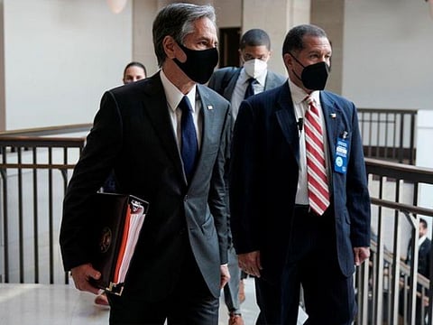 U.S. Secretary of State Antony Blinken departs after briefing Senators on Capitol in Washington, U.S.
