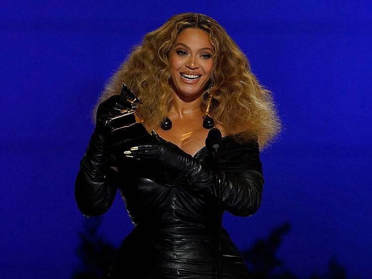 Beyonce accepts the award for best R&B performance for "Black Parade" at the 63rd annual Grammy Awards at the Los Angeles Convention Center on Sunday, March 14, 2021. (AP Photo/Chris Pizzello)