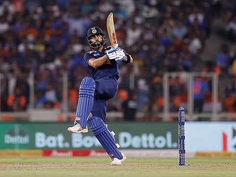 India's Virat Kohli hits a six to win the match against England in the second T20I, at Narendra Modi Stadium, Ahmedabad.   R