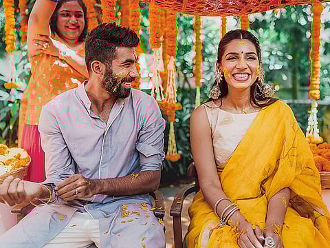 Jasprit Bumrah with Sanjana Ganesan during their wedding ceremony, in Goa, on March 15, 2021. 