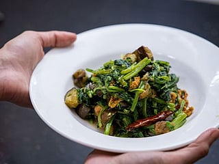 How to make Bengali Palong Shaak Bhaja (spinach and aubergine stir-fry) 