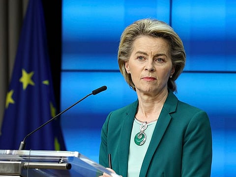 European Commission President Ursula von der Leyen listens to a question during an online news conference at the end of a EU summit at the European Council building in Brussels, Thursday, March 25, 2021.