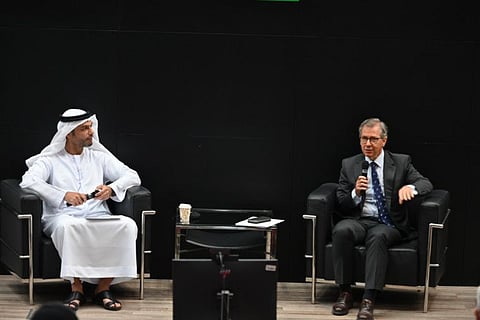 Mohamed Al Khaja, the UAE’s first ambassador to Israel, with Bernardino León, Director-General, Anwar Gargash Diplomatic Academy, during the session.