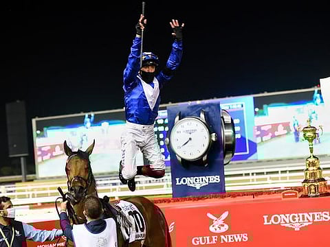 Lord North, ridden by jockey Frankie Dettori and trained by John Gosden wins the Dubai Turf race of 25th Dubai World Cup at Meydan racecourse on Saturday 27 March 2021. 