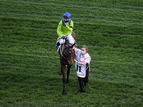 Subjectivist, ridden by jockey Joe Fanning and trained by Mark Johnston wins the Dubai Gold Cup race of 25th Dubai World Cup at Meydan racecourse on Saturday 27 March 2021.