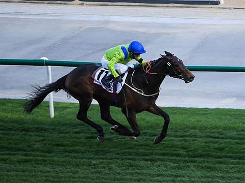 Subjectivist, ridden by jockey Joe Fanning and trained by Mark Johnston wins the Dubai Gold Cup race of 25th Dubai World Cup at Meydan racecourse on Saturday 27 March 2021.