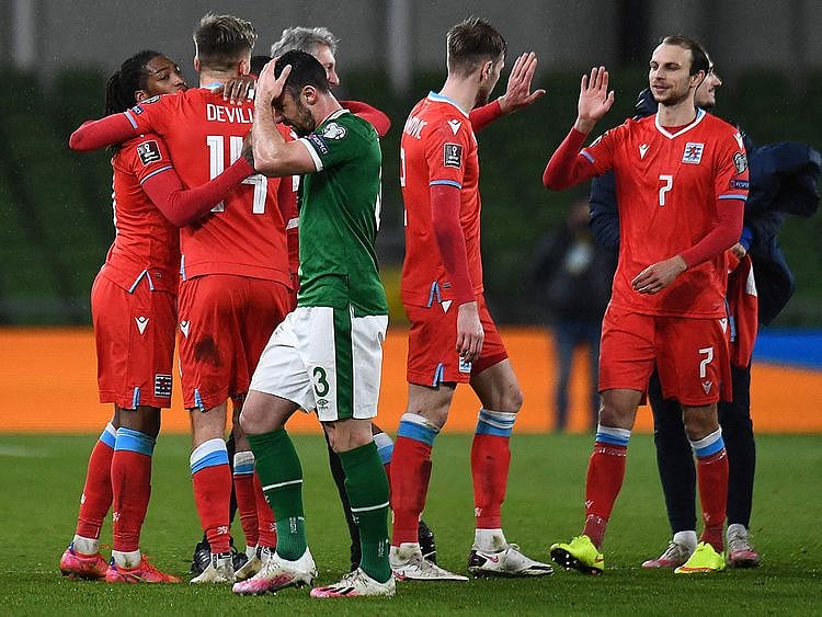 Luxembourg's striker Gerson Rodrigues (L) celebrates with teammates at the final whistle during the World Cup qualifier against Ireland 