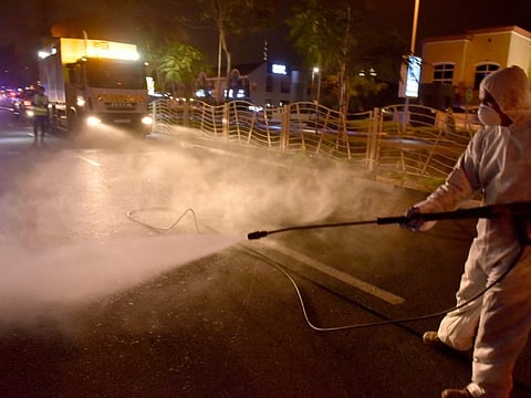 Dubai Municipality conducts the National Disinfection Program on Jumeirah Road on March 27, 2020. 