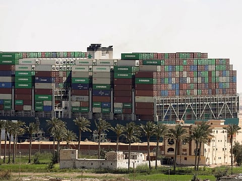 Ever Given, one of the world's largest container ships, after it was partially refloated, in Suez Canal, Egypt March 29.