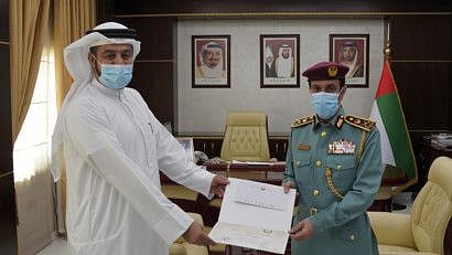 Major General Shaikh Sultan bin Abdullah Al Nuaimi, Commander-in-Chief of Ajman Police, honoured First Assistant Saleh Al Marzouqi for his bravery and dedication.