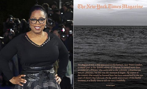 In this combination photo, Oprah Winfrey poses for photographers at the premiere of the film "A Wrinkle In Time" in London on March 13, 2018, left, and cover art for a special issue of The New York Times Magazine's "The 1619 Project". Hulu, Winfrey and Lionsgate are partnering with Pulitzer Prize-winning journalist Nikole Hannah-Jones to adapt The New York Times' 1619 Project for film and television. 