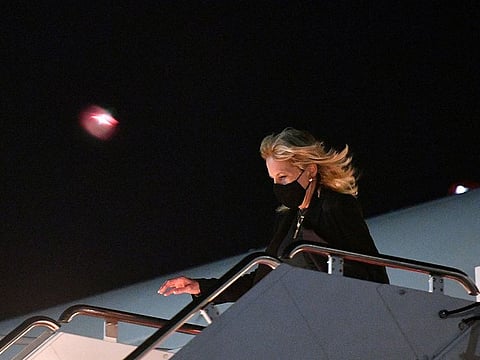 US First Lady Jill Biden deplanes upon arrival, after returning from a visit to California, at Andrews Air Force Base in Maryland, US, on April 1, 2021.