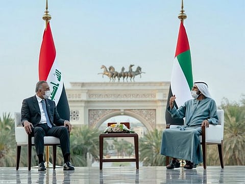 Mohammed Bin Rashid receives Iraq's Prime Minister Mustafa Al-Kadhimi at Zabeel Palace. 