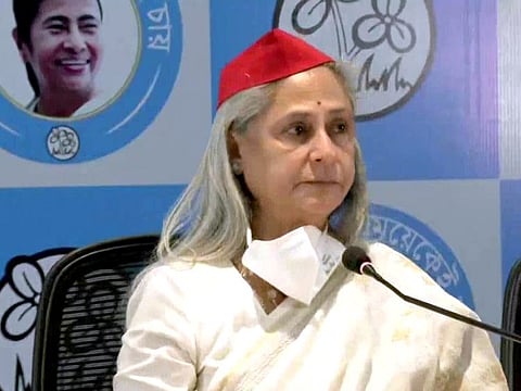Jaya Bachchan, actor and Rajya Sabha MP from Samajwadi Party, at a press conference at Trinamool Bhavan in Kolkata on Monday.