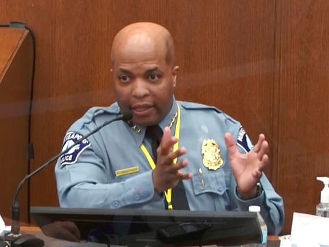 In this image from video, witness Minneapolis Police Chief Medaria Arradondo testifies as Hennepin County Judge Peter Cahill presides Monday, April 5, 2021, in the trial of former Minneapolis police Officer Derek Chauvin at the Hennepin County Courthouse in Minneapolis. Chauvin is charged in the May 25, 2020 death of George Floyd.