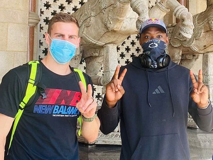 Delhi Capitals'  Anrich Nortje and Kagiso Rabada arive at the team hotel in Mumbai